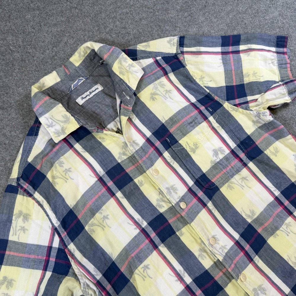 Tommy Bahama Shirt Mens Medium Multicolor Plaid Palm Tree Hawaiian Cotton Casual